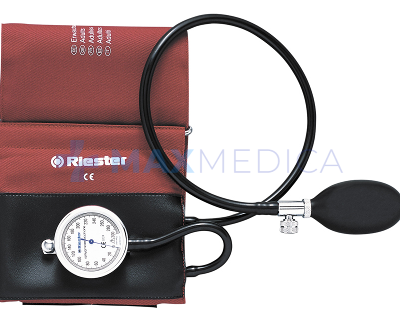 Ciśnieniomierz sfigmotensiophone, 2-przewodowy, z manometrem przytwierdzonym do mankietu, mankiet na rzepy dla dzieci, bordowy