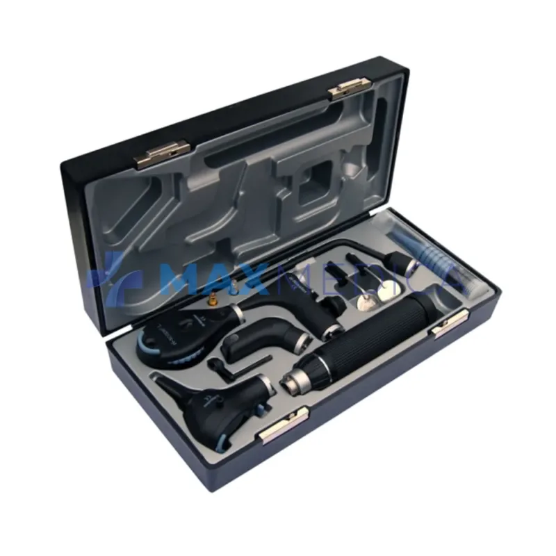 Zestaw ri-scope de lux (otoskop L3 XL 2,5V + oftalmoskop L2 XL 2,5V + wziernik nosowy + uchwyt szpatułek + ramię oświetlacza + 2 lusterka krtaniowe) + rękojeść bateryjna typ C, w twardym futerale