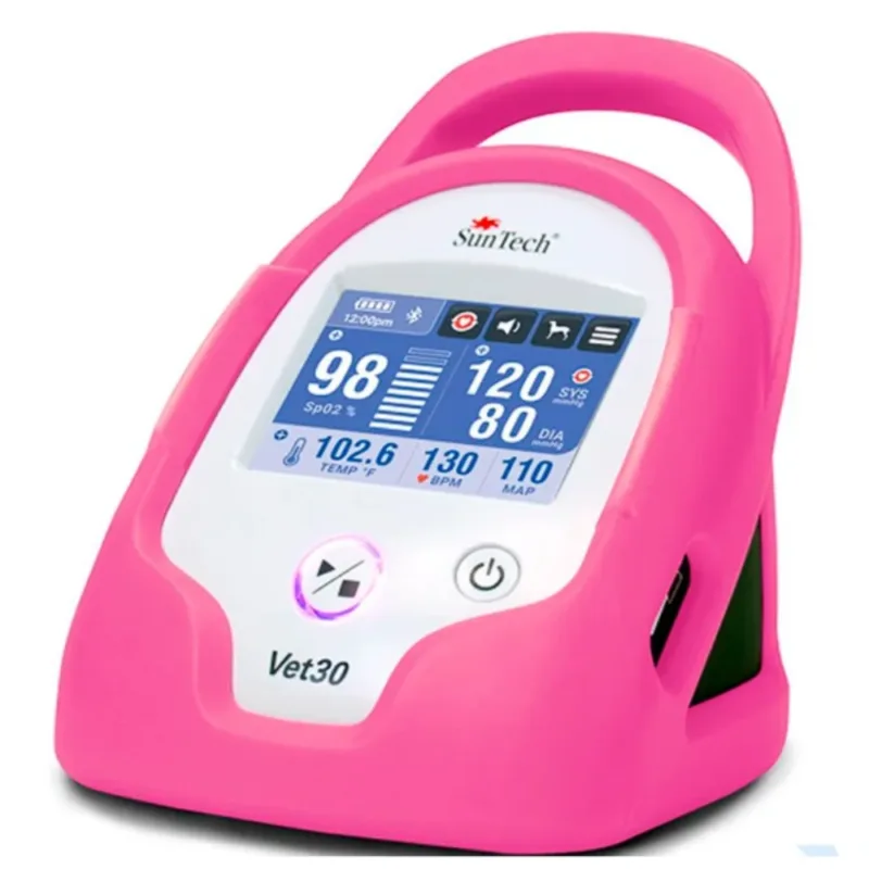 SunTech Monitor Vet30 ciśnieniomierz (ciągłe pomiary), czujnik SpO o długości 2 m w kształcie litery Y z 2 klipsami (pomiar z ucha/języka), Sonda temperatury AccuVet o długości 2 m, różowa obudowa Flamingo - wersja akumulatorowa