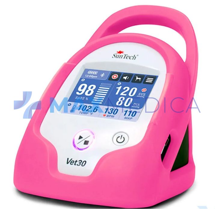 SunTech Monitor Vet30 ciśnieniomierz (ciągłe pomiary), czujnik SpO o długości 2 m w kształcie litery Y z 2 klipsami (pomiar z ucha/języka), Sonda temperatury AccuVet o długości 2 m, różowa obudowa Flamingo - wersja akumulatorowa