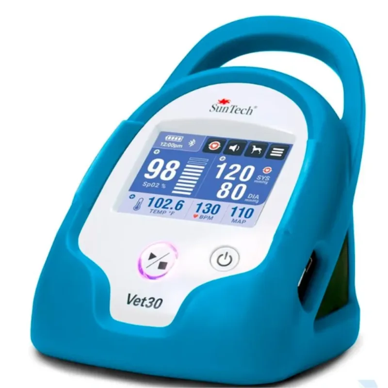 SunTech Monitor Vet30 ciśnieniomierz (ciągłe pomiary), czujnik SpO o długości 2 m w kształcie litery Y z 2 klipsami (pomiar z ucha/języka), Sonda temperatury AccuVet o długości 2 m, niebieska obudowa Peacock - wersja akumulatorowa