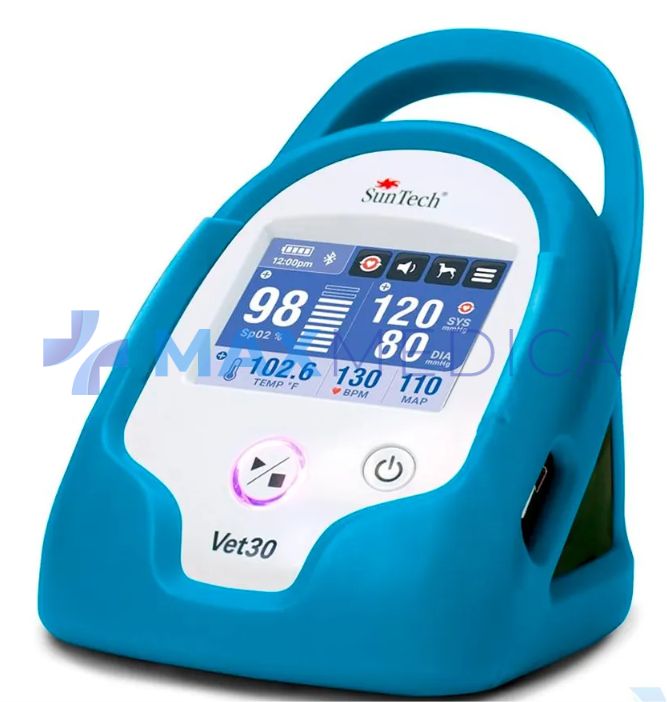 SunTech Monitor Vet30 ciśnieniomierz (ciągłe pomiary), czujnik SpO o długości 2 m w kształcie litery Y z 2 klipsami (pomiar z ucha/języka), Sonda temperatury AccuVet o długości 2 m, niebieska obudowa Peacock - wersja akumulatorowa