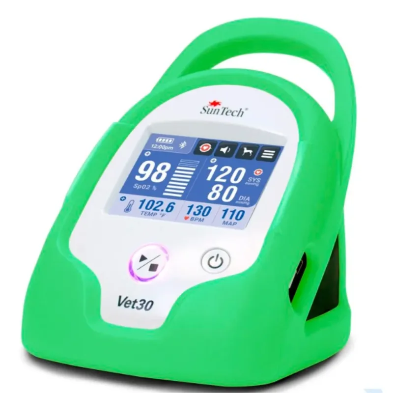 SunTech Monitor Vet30 ciśnieniomierz (ciągłe pomiary), czujnik SpO o długości 2 m w kształcie litery Y z 2 klipsami (pomiar z ucha/języka), Sonda temperatury AccuVet o długości 2 m, zielona obudowa Tree Frog - wersja akumulatorowa