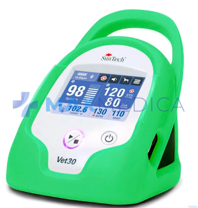 SunTech Monitor Vet30 ciśnieniomierz (ciągłe pomiary), czujnik SpO o długości 2 m w kształcie litery Y z 2 klipsami (pomiar z ucha/języka), Sonda temperatury AccuVet o długości 2 m, zielona obudowa Tree Frog - wersja akumulatorowa