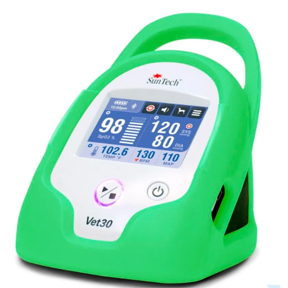 SunTech Monitor Vet30 ciśnieniomierz (ciągłe pomiary), czujnik SpO o długości 2 m w kształcie litery Y z 2 klipsami (pomiar z ucha/języka), Sonda temperatury AccuVet o długości 2 m, zielona obudowa Tree Frog - wersja akumulatorowa