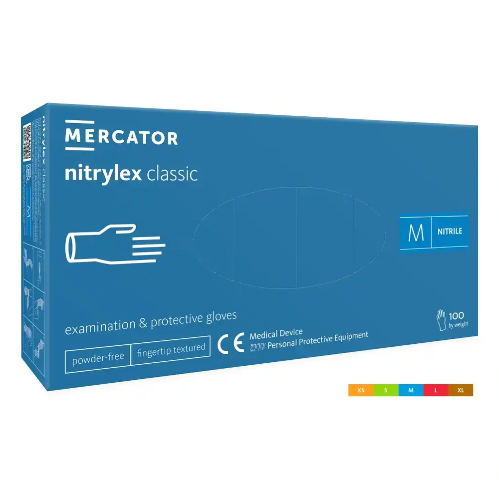 Rękawice diagnostyczne ochronne, nitrylowe, bezpudrowe, niebieskie Nitrylex Classic Blue 100 szt. – Romiar M