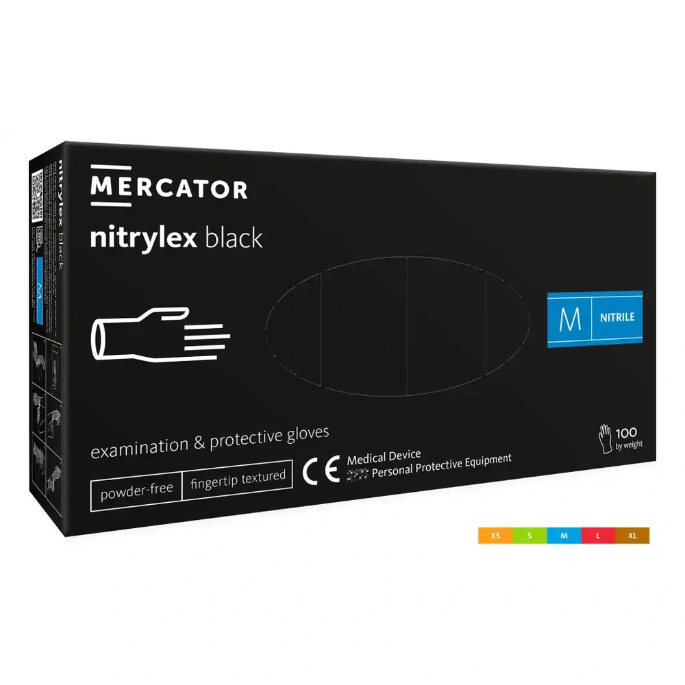 Rękawice diagnostyczne ochronne, nitrylowe, bezpudrowe, czarne Nitrylex Black 100 szt. – Romiar M