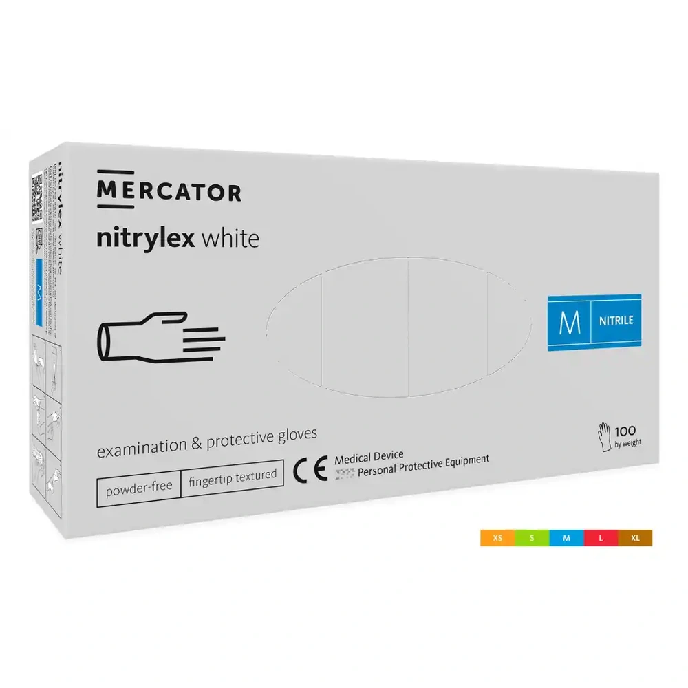 Rękawice diagnostyczne i ochronne, nitrylowe, bezpudrowe, białe MERCATOR nitrylex white 100 szt. – Rozmiar M