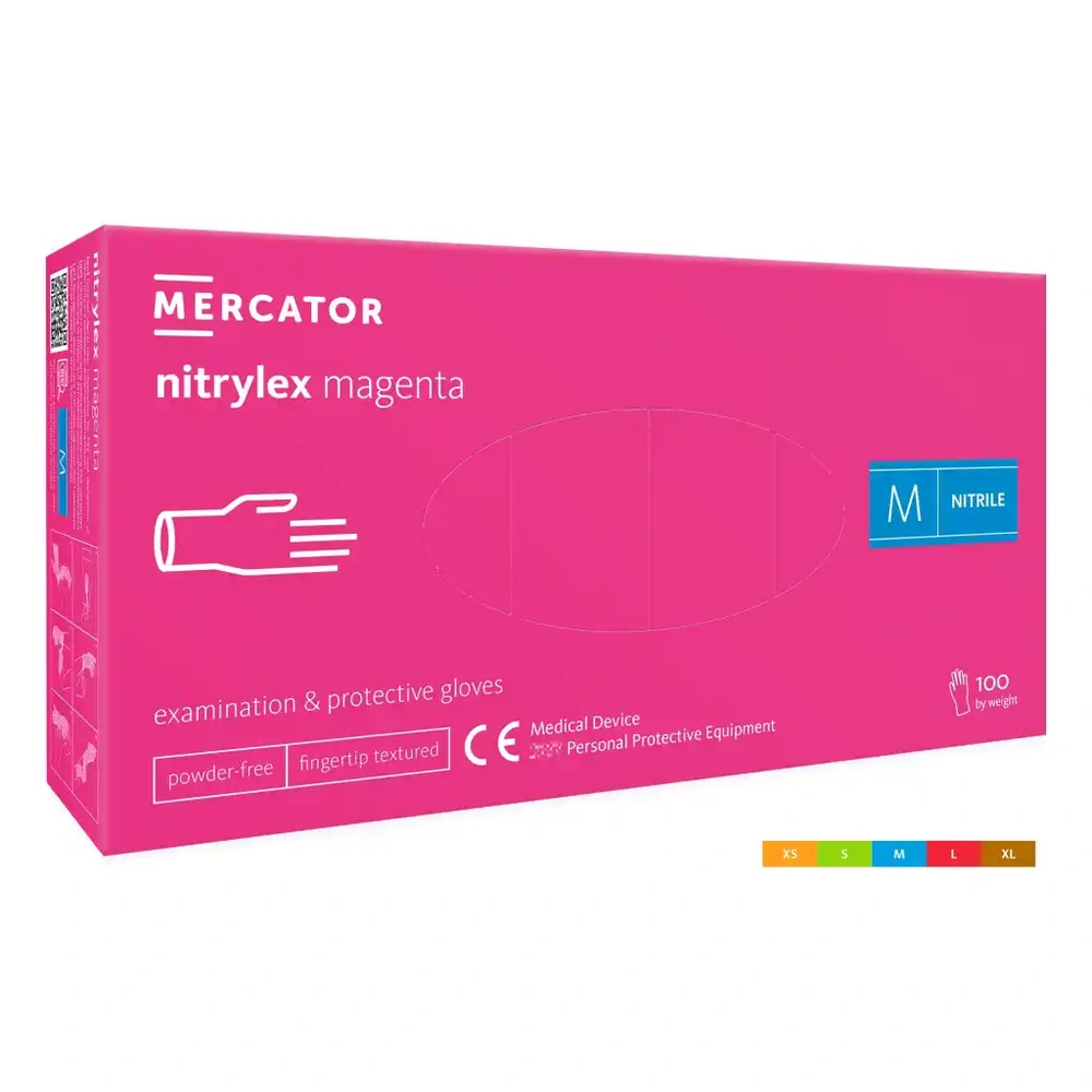 Rękawice diagnostyczne i ochronne, nitrylowe, bezpudrowe, różowe MERCATOR nitrylex magenta 100 szt. – Rozmiar M