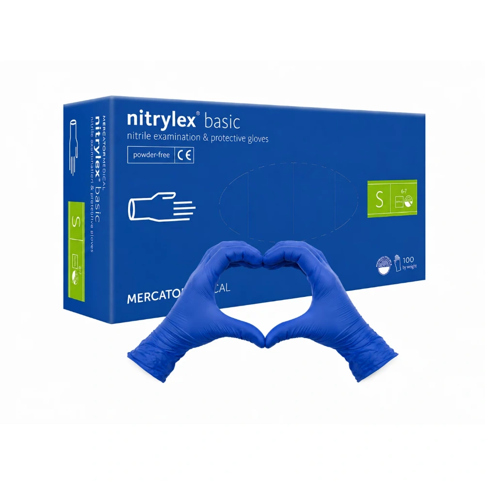 Rękawice diagnostyczne ochronne, nitrylowe, bezpudrowe, ciemnoniebieskie Nitrylex Basic Dark Blue 100szt. – Rozmiar S
